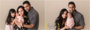 family of four with newborn baby girl in studio