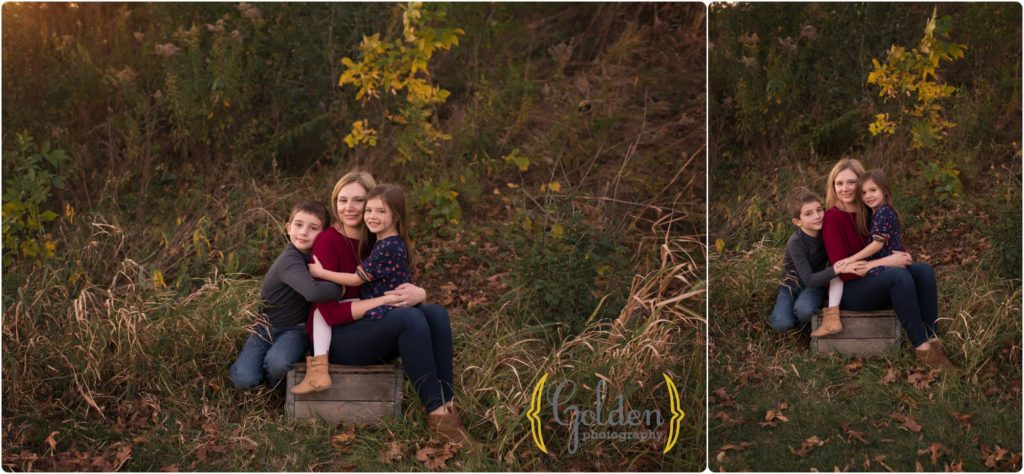 mom seated with son and daughter outdoors in Barrington IL