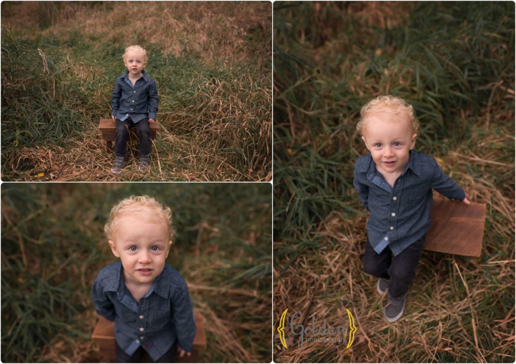 little boy sitting on a box in the grass in Barrington IL