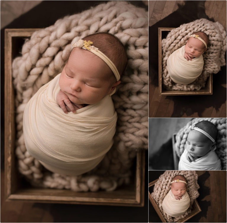 baby swaddled in crate in Lake Zurich studio