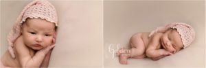 baby girl with hat sleeping in photography studio