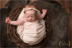 newborn girl asleep in nest in Lake County photo studio
