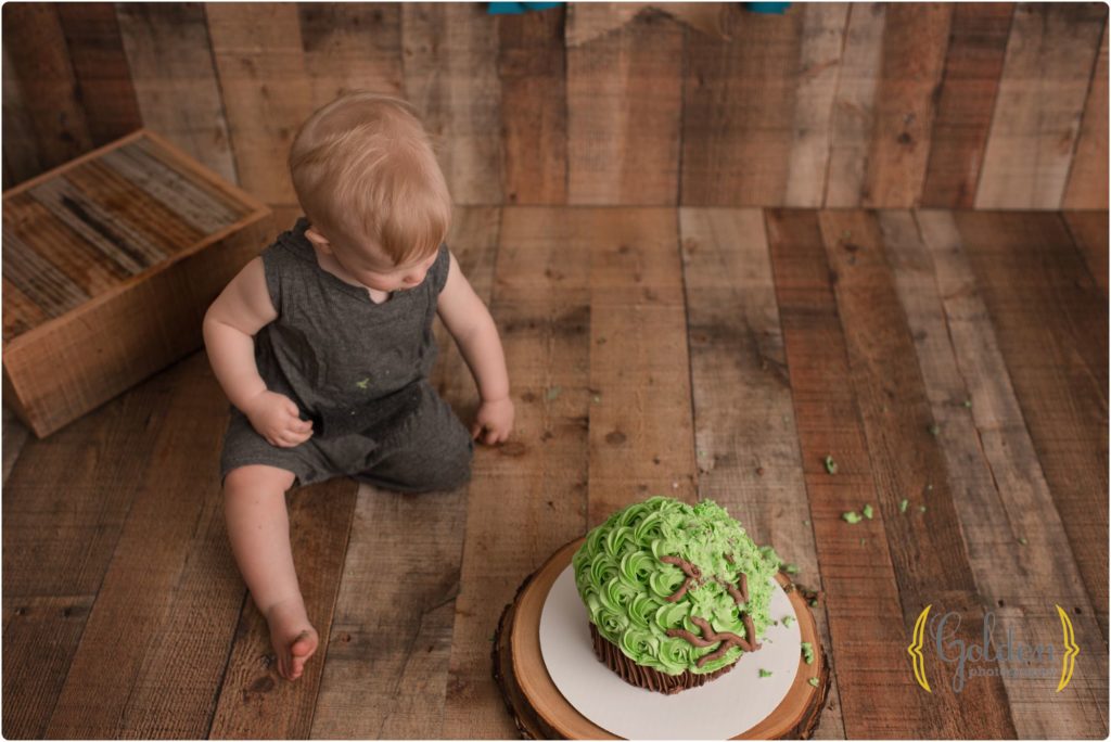 one year old boy smashing cake in photo studio near Chicago IL