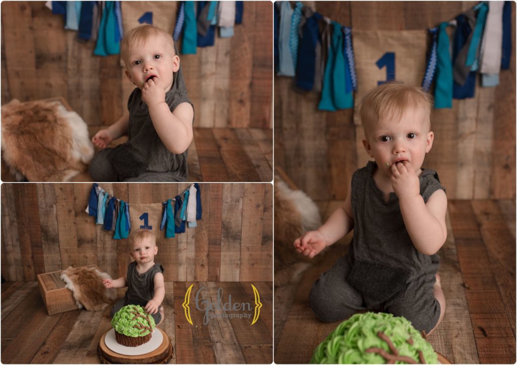 little boy eating first cake in photo studio in Chicago suburbs