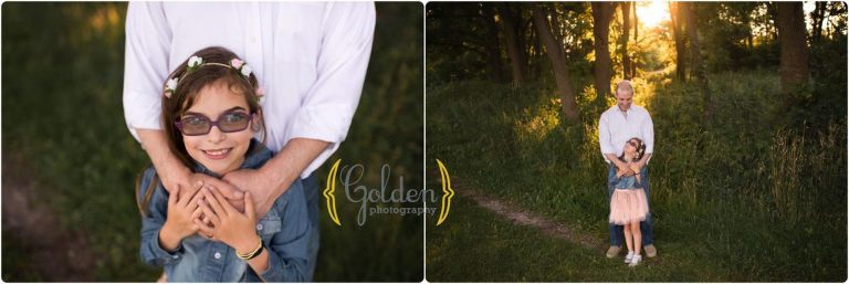 daughter posed with dad in forest preserve in Lake County IL