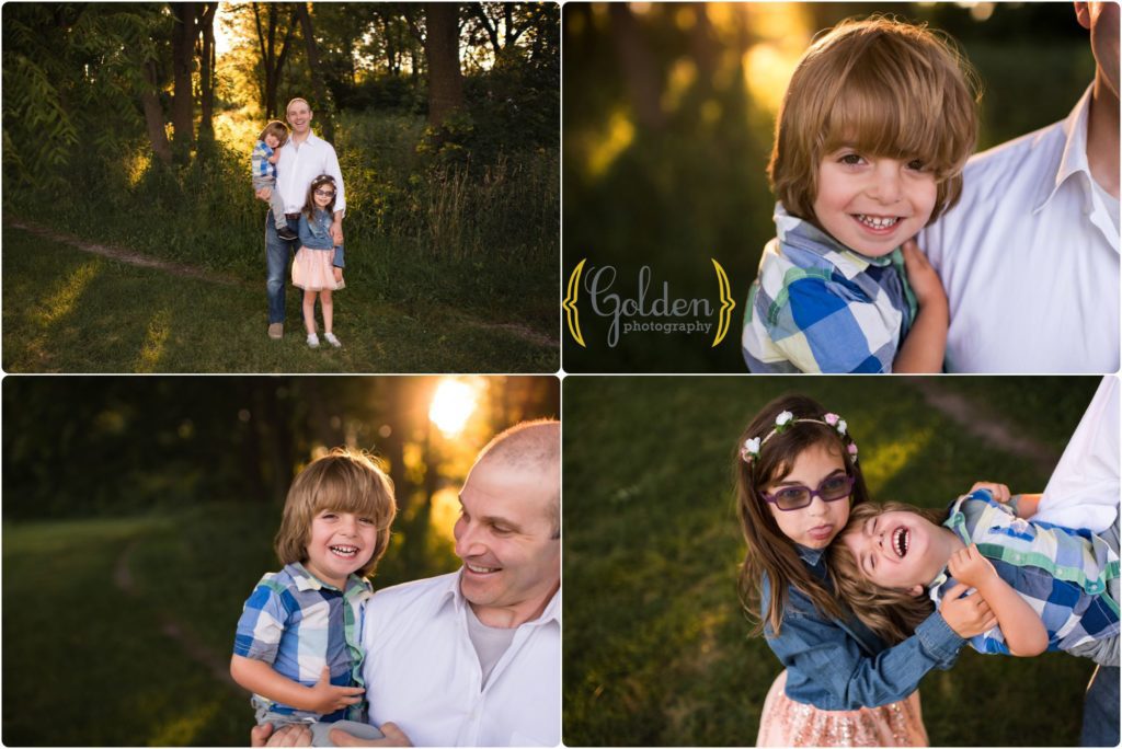 portrait of dad with children in forest near Lake Zurich IL