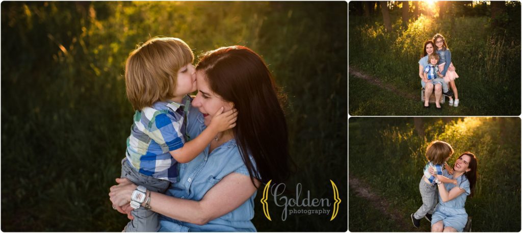 outdoor photos of mom cuddling son in preserve in Lake County IL