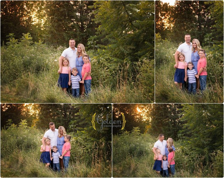 family of five outdoors at sunset in a forest near Chicago IL