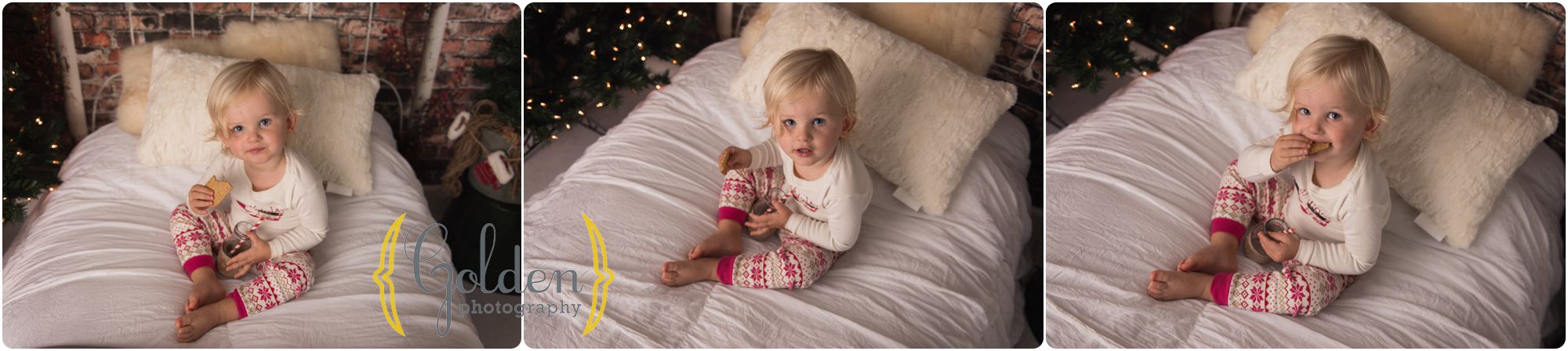 child sits on bed for Christmas mini session in Chicago suburbs