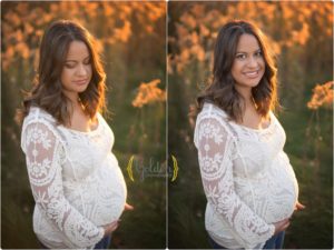 mom wearing lacy maternity top with pregnancy photographer in Chicago IL
