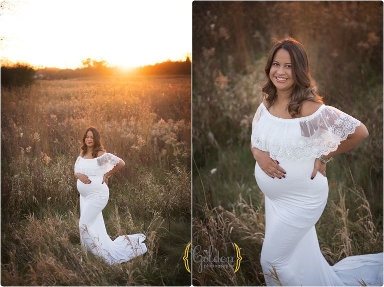 mom wearing maternity dress for outdoor photos near Chicago IL