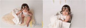 baby girl wearing romper for 1st year photos in Chicago IL