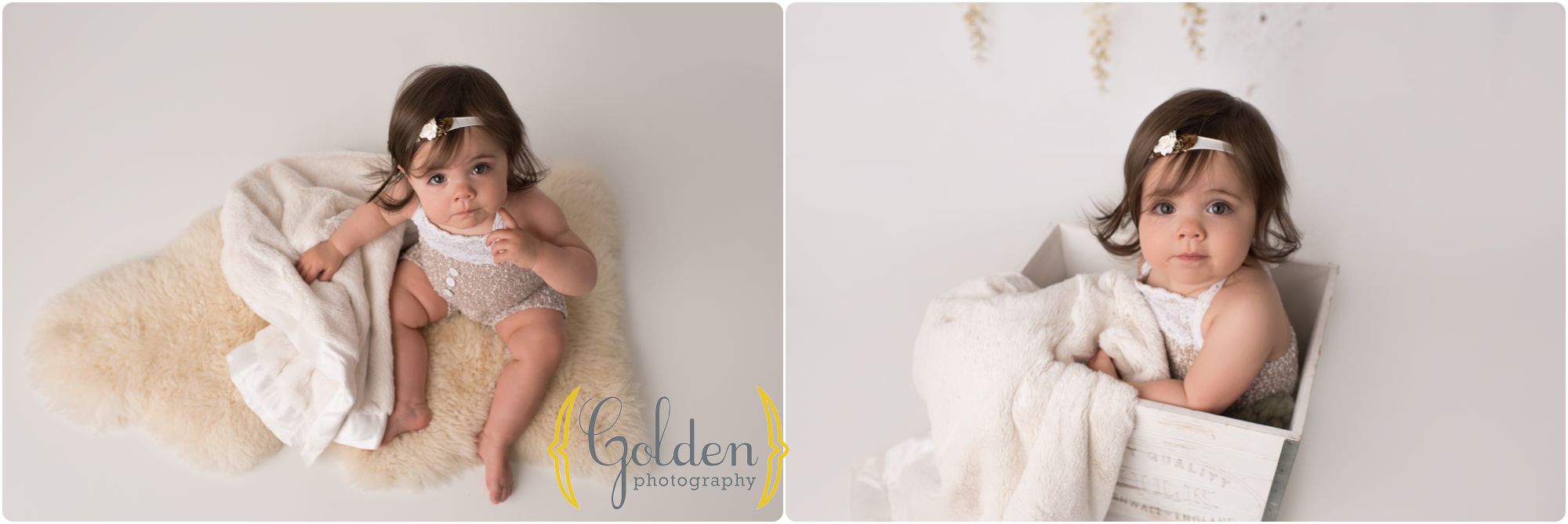 baby girl wearing romper for 1st year photos in Chicago IL