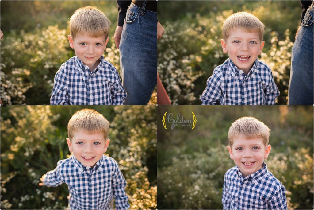 boy smiling for sunset outdoor family photos in Barrington IL