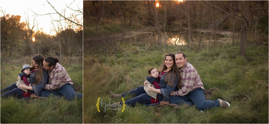 family of three at sunset for outdoor photos in Lake County IL