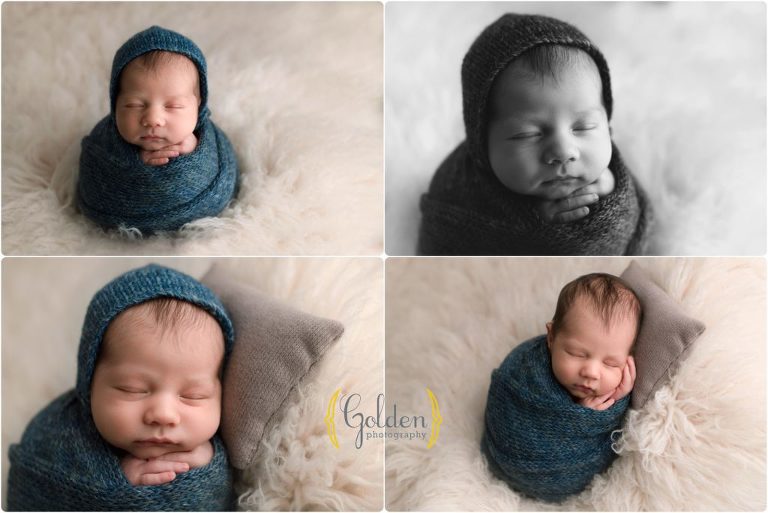 baby boy swaddled in blue for newborn photos in Lake County IL photo studio