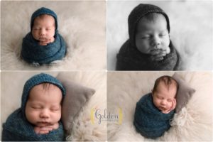baby boy swaddled in blue for newborn photos in Lake County IL photo studio