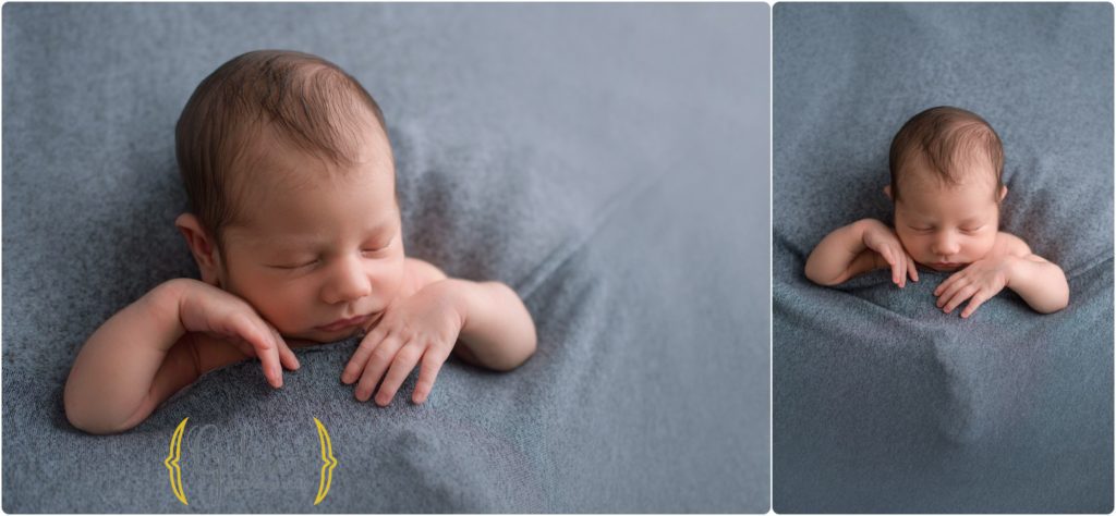 baby boy tucked in and sleeping in studio with best newborn photographer Lake County IL