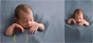 baby boy tucked in and sleeping in studio with best newborn photographer Lake County IL