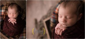 baby boy sleeping in crate for newborn photos in Lake County IL photo studio