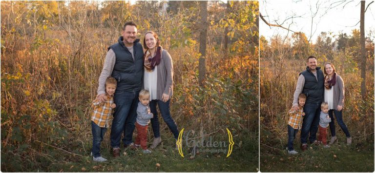 family of four pose outdoors in a park in Lake County IL