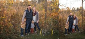 family of four pose outdoors in a park in Lake County IL