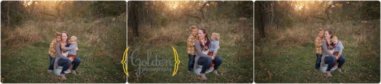 mom sits with two sons outdoors for family photos near Chicago IL