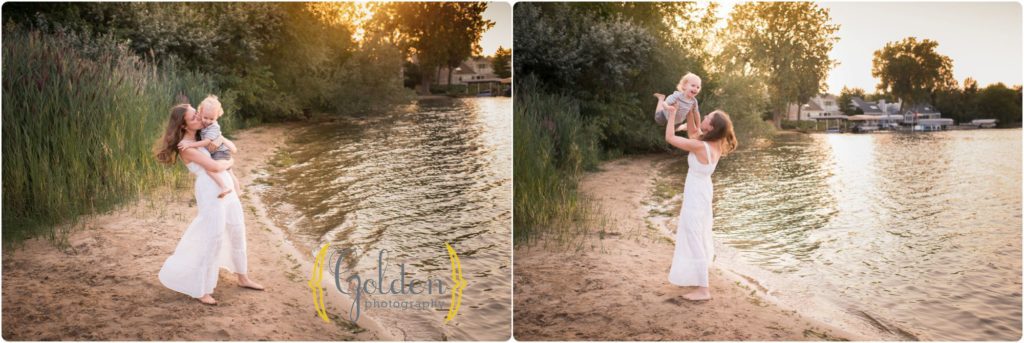 mom swinging toddler son in the air during a beach family photo session near Chicago IL
