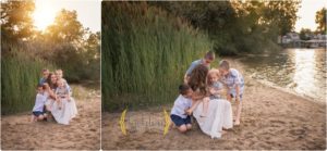 mom with her four sons on a beach for sunset photos on the beach in Lake County IL