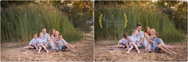 family of six on a beach for photos near Palatine IL