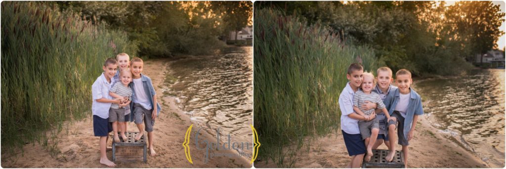 four brothers posed together during a beach family photo session near Palatine IL