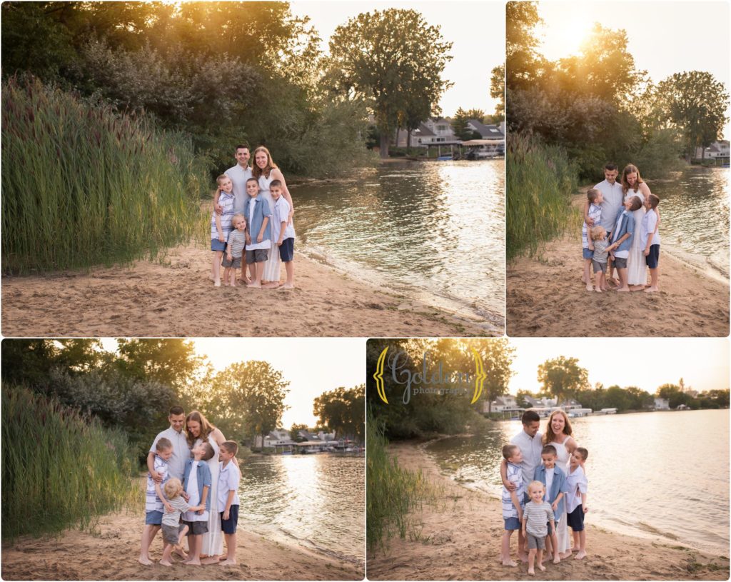parents posing with their sons on a beach for outdoor family photos near Barrington IL