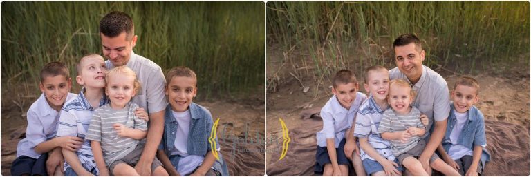 four boys with their dad on a beach for outdoor family photos