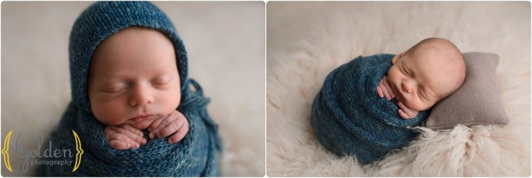 baby boy wrapped in blue cloth in Lake County IL photo studio