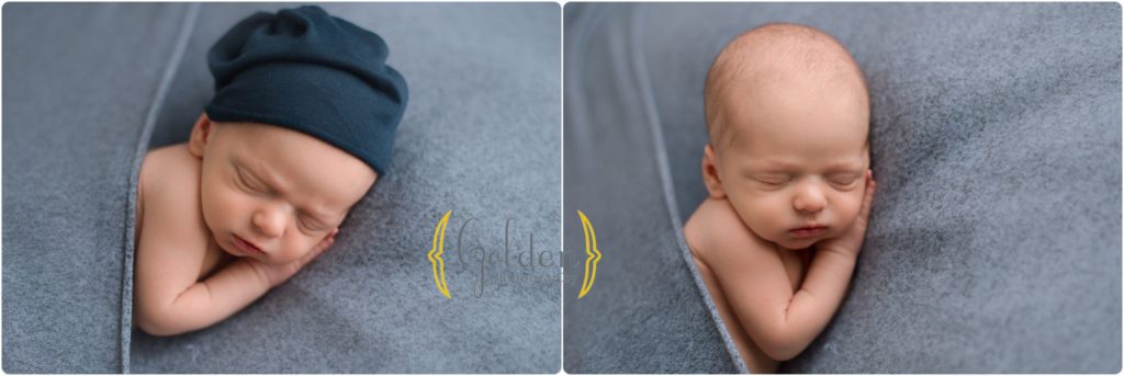 baby boy wearing slouchy hat with Palatine IL newborn studio
