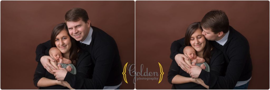 family of three poses with newborn baby boy in newborn photo studio Palatine IL