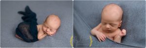 baby sleeping on blue fabric with newborn photographer in Palatine IL
