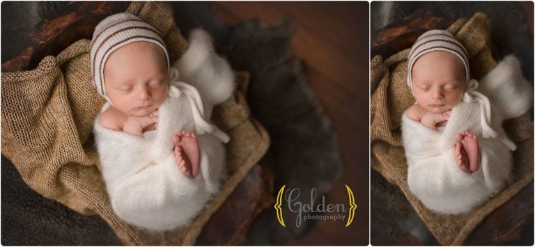 baby wrapped in white in a bowl at Palatine IL newborn portrait studio