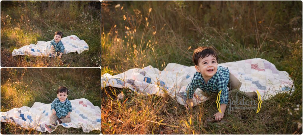 1 year old sitting outdoors on a blanket in Chicago IL
