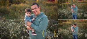 dad holding 1 year old son during an outdoor family photos session in Lake County IL
