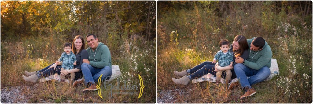 family of three seated outdoors at sunset for outdoor family photos near Barrington