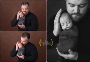dad holding newborn baby boy for photo session in Lake County IL studio