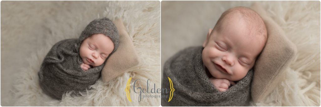 baby boy on fluffy rug in Barrington IL photography studio