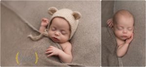 newborn baby wearing bear hat in Lake County IL photography studio