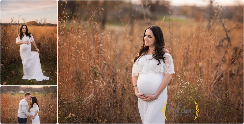 mom posing in white dress for outdoor maternity photo in Glenview Ilinois