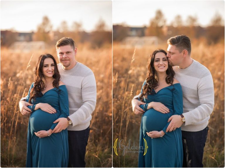 young couple holding pregnant belly for maternity photos in Glenview IL park