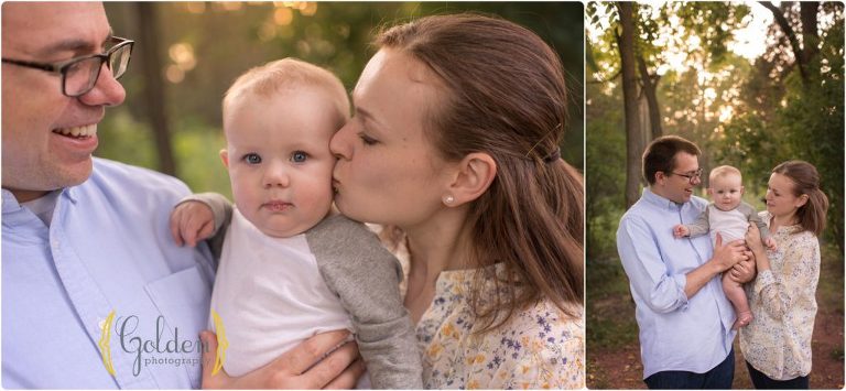 mom kissing son during a family photo session in a park near Libertyville IL