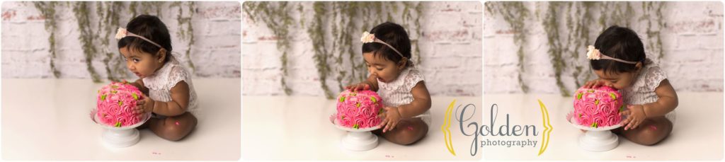 sequence of photos with little girl eating cake in Lake County IL photo studio