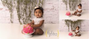 little girl eating first birthday smash cake photo session in Lake County IL photo studio