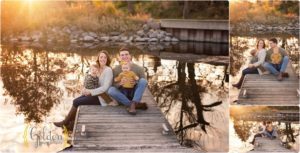 family of four sitting on docks for family photos near Lake Zurich IL